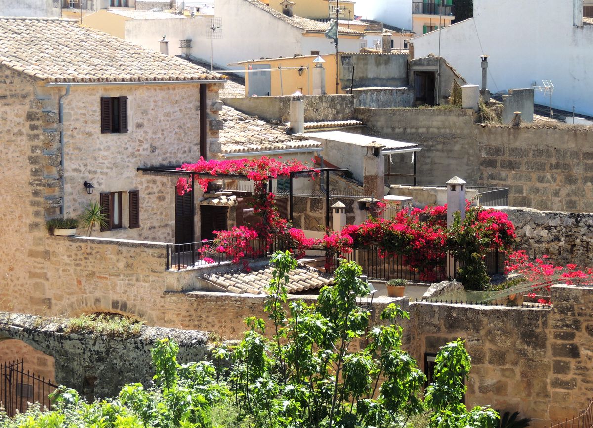 Rustieke straat met stenen huizen en bloemen in het oude Alcúdia